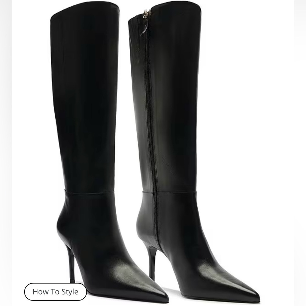 SCHUTZ Black Pointed-Toe Knee-High Stiletto Boots with Side Zip